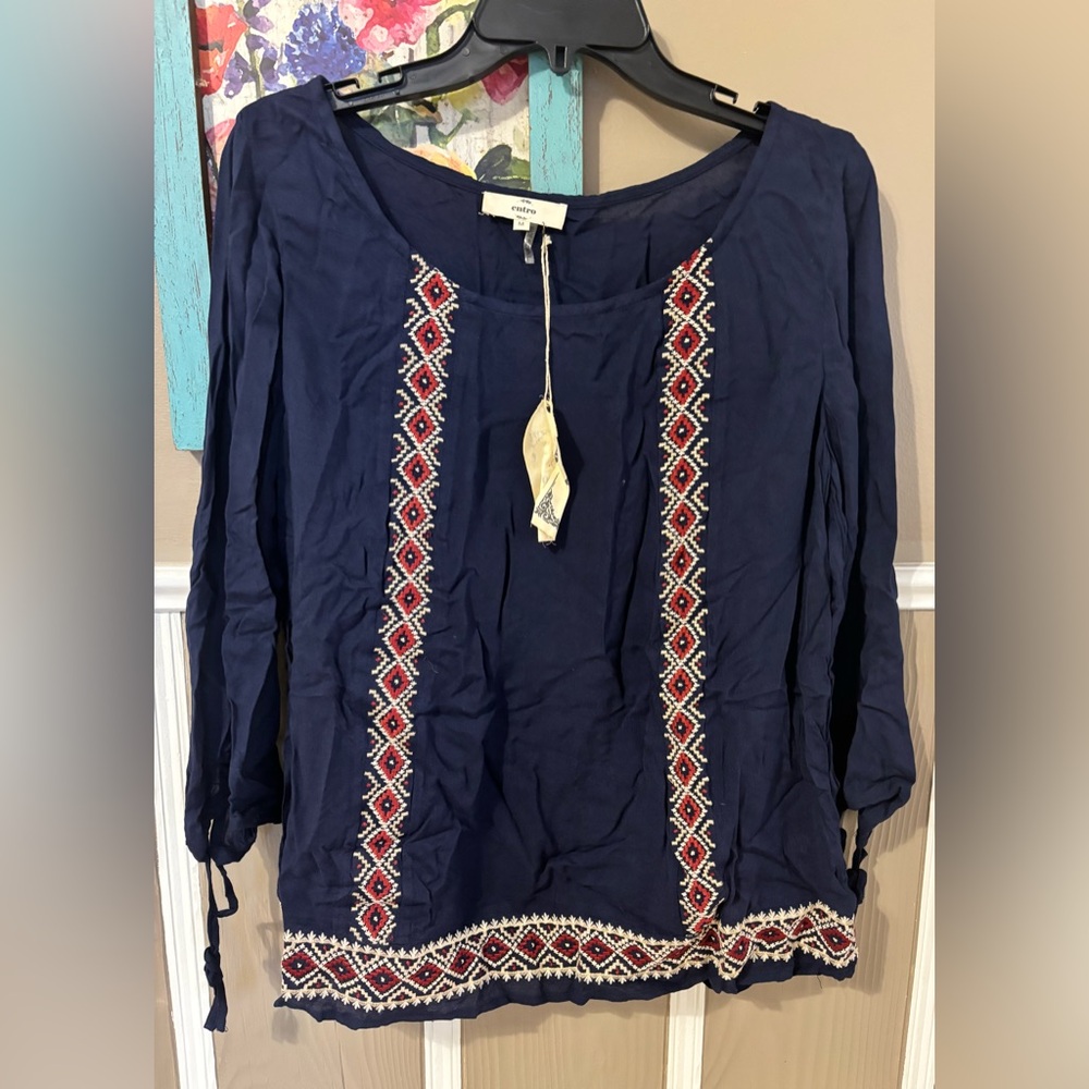 Entro Navy Embroidered Peasant Top